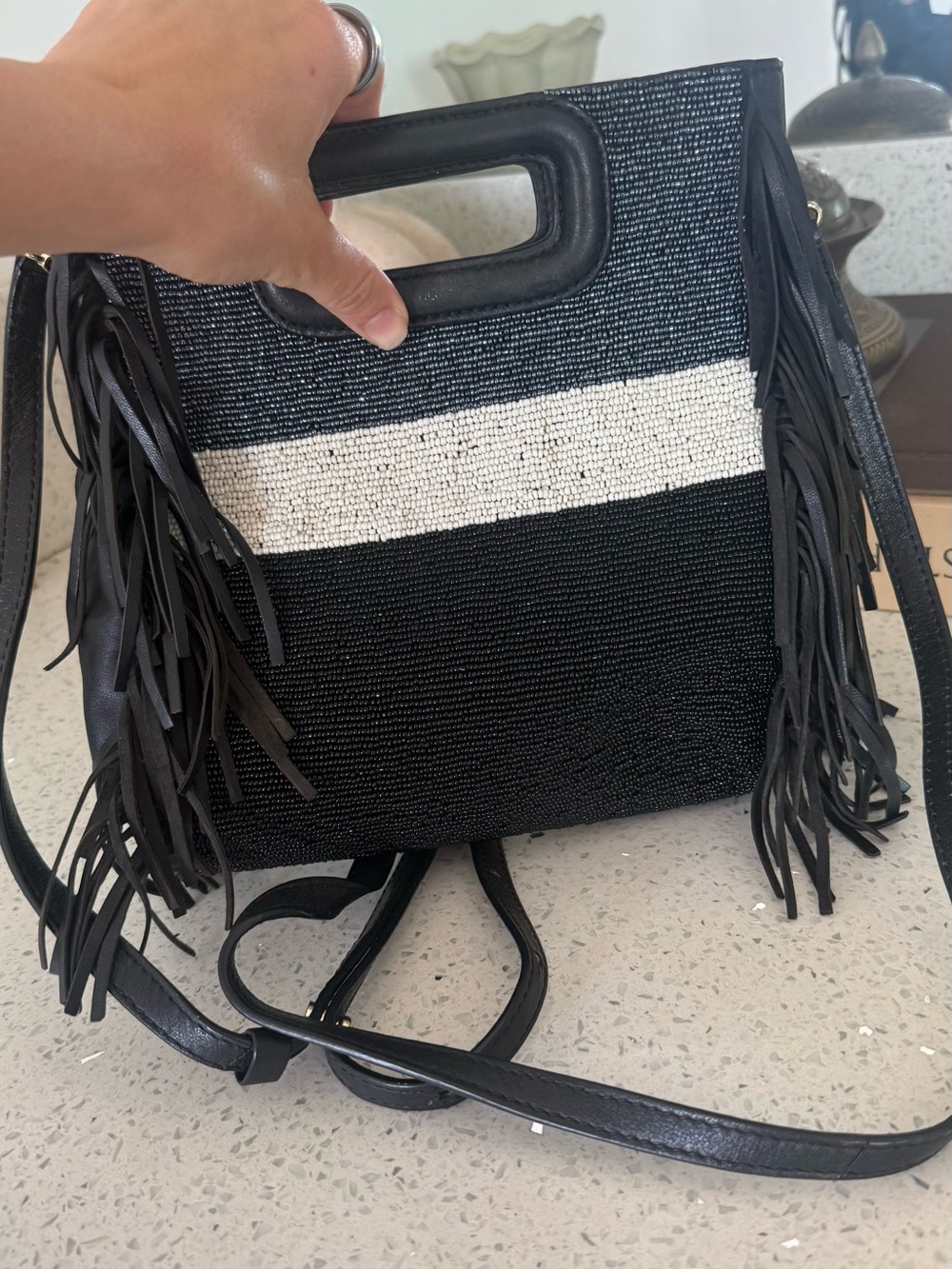 Maje Black and White Fringe Crossbody Shoulder Bag